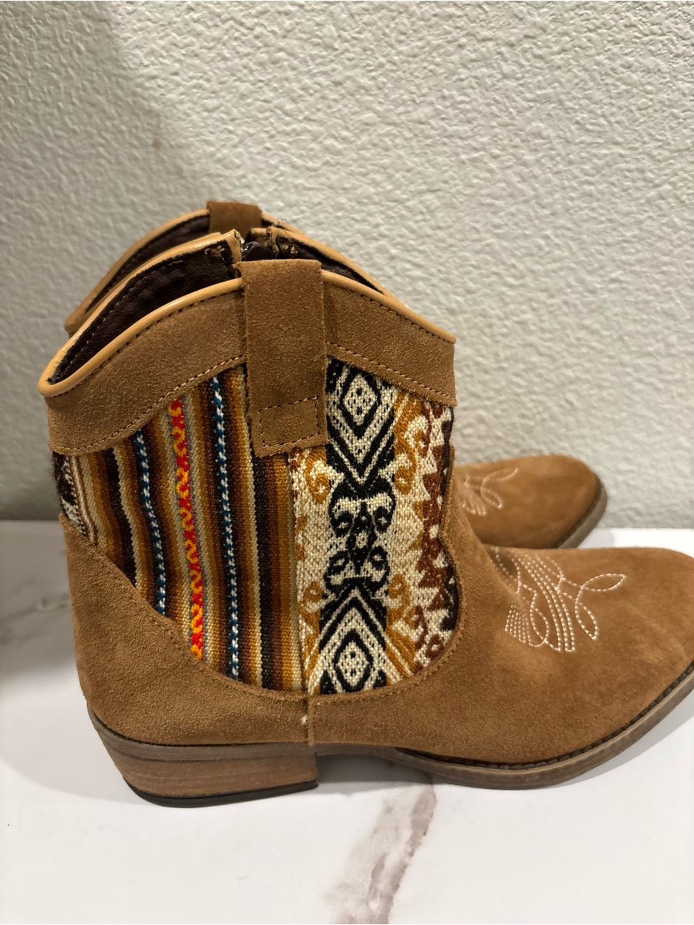 Inkkas Suede Ankle Booties in Tan with Patterned Knit